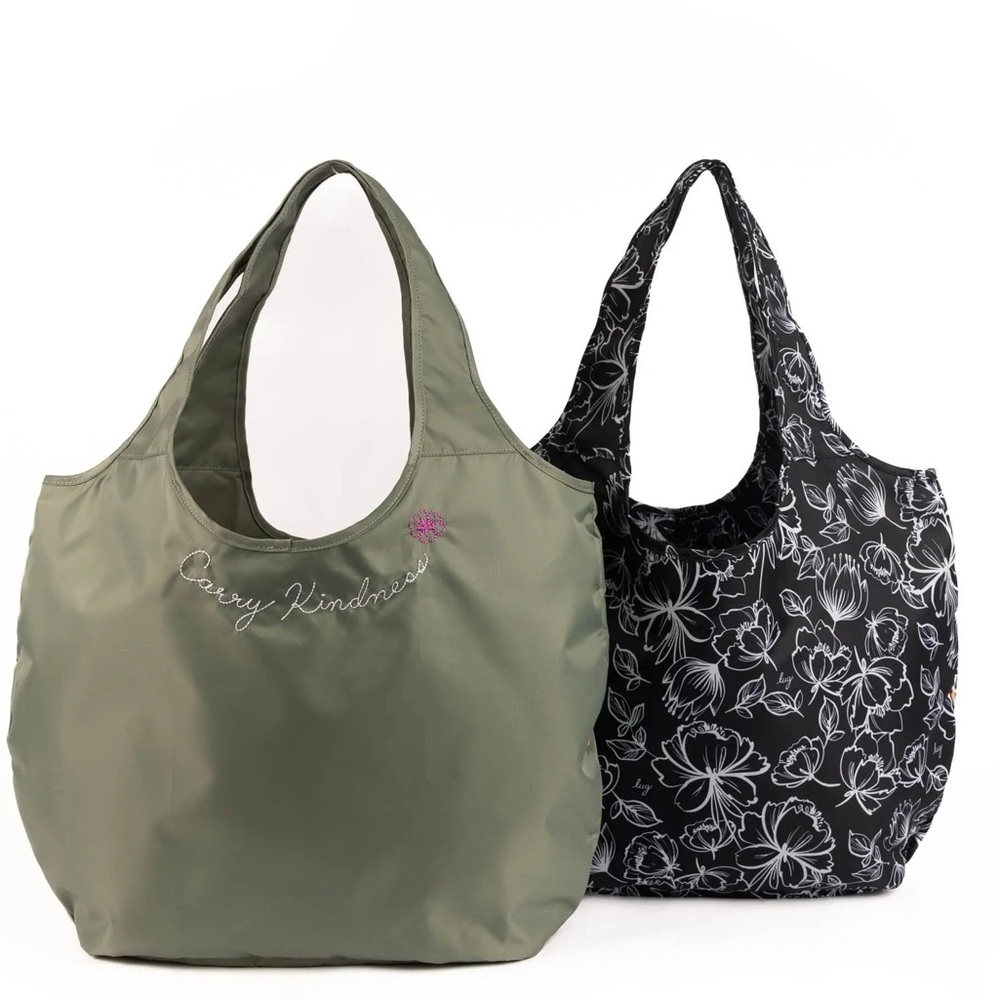 Lug Eco Shopper Tote Bag 2 Embroidery Carry Kindness Floral Black Sage Green